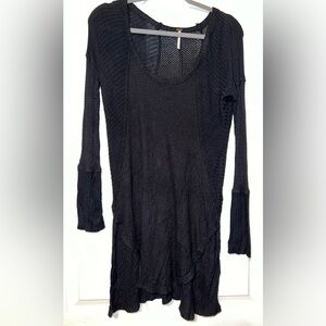 Free People Tunic Length Black Waffle Knit Thermal Long Sleeve Size XS GUC